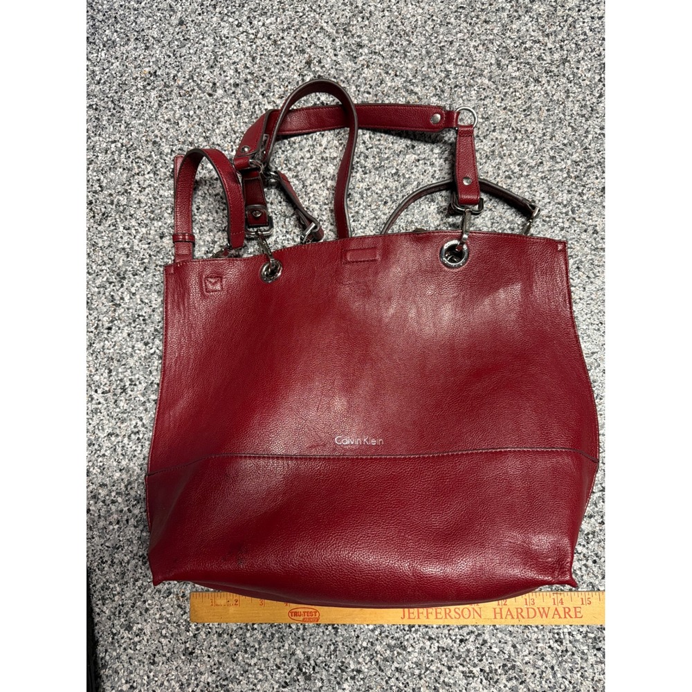 Calvin Klein Reversible Tote Bag Red Cognac Brown Faux Leather Large Handbag